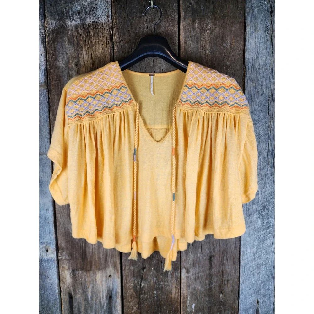 Free People Shirt Embroidered Boho Peasant Blouse Oversized Top OS